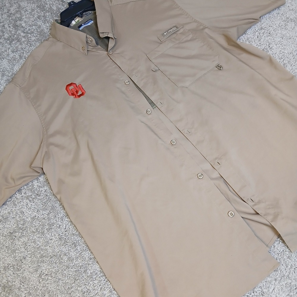 Columbia PHG Mens XL Oklahoma Sooners OU Fishing Shirt Short Sleeve Tan Khaki